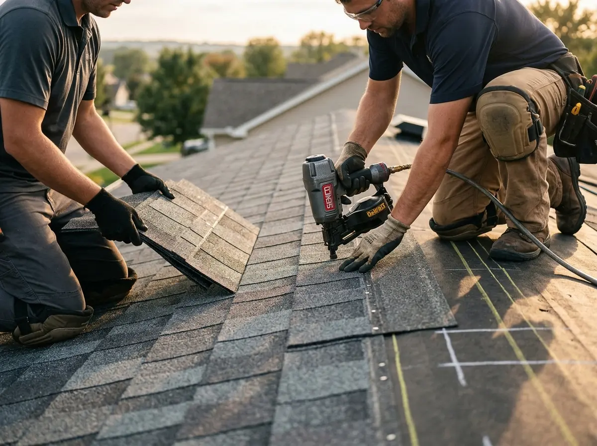 Professional roofer working on a residential roof in Lakewood Park